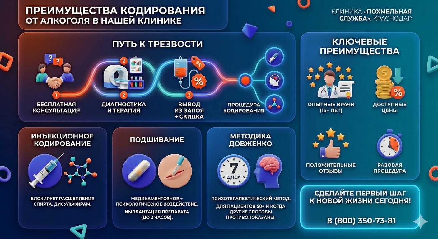 Инфографика о методах кодирования от алкоголя в Белом Яре: инъекции, подшивание, метод Довженко. Преимущества клиники и этапы лечения.
