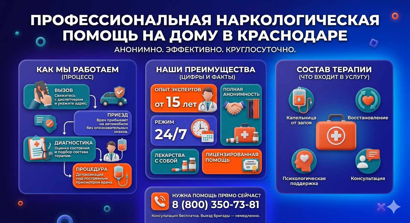 Инфографика о принципах лечения алкоголизма на дому в Белом Яре: этапы вызова нарколога, преимущества анонимной детоксикации и состав медицинской помощи.